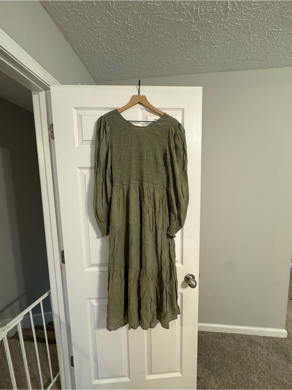 Olive Long Sleeve Maxi Dress with Smocked Bodice